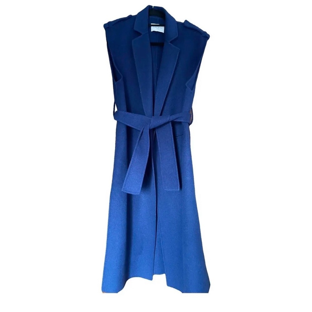 Sandro Paris Blue Sleeveless Wool Long Coat Vest Belted Designer Sz 2 (M/L) NWT - Picture 2 of 9